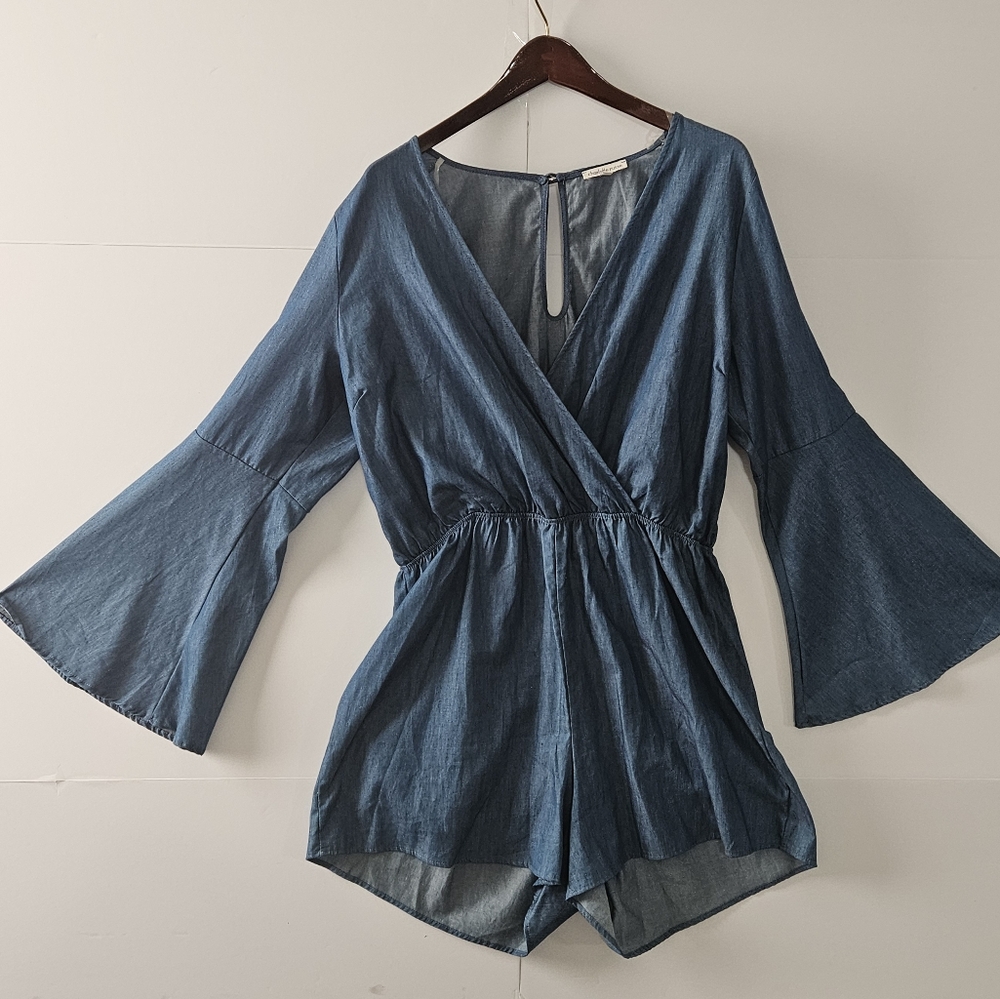 Charlotte Russe Size XL Blue Cotton Long Flared Sleeved Open V Neck Jumper Rompe